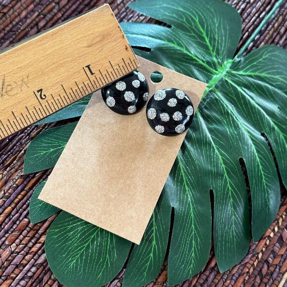 BOGO FREE BLACK SILVER GLITTER POLKA DOT BUTTON EARRINGS - Picture 3 of 4